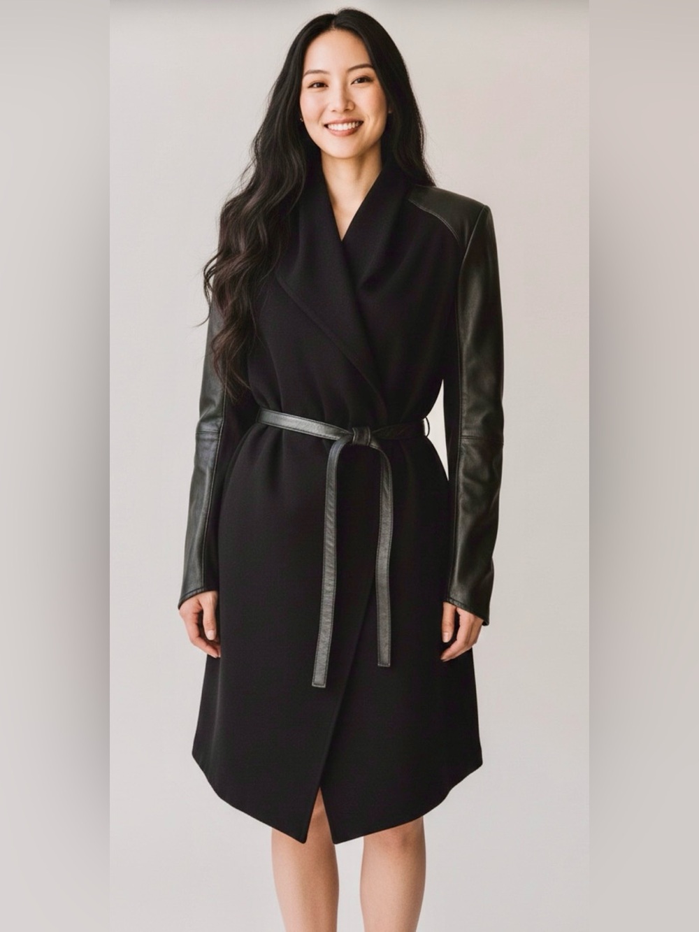 LAMARQUE Collection Wrapped Belted Coat Leather Sleeves Size M Style 264Hazel